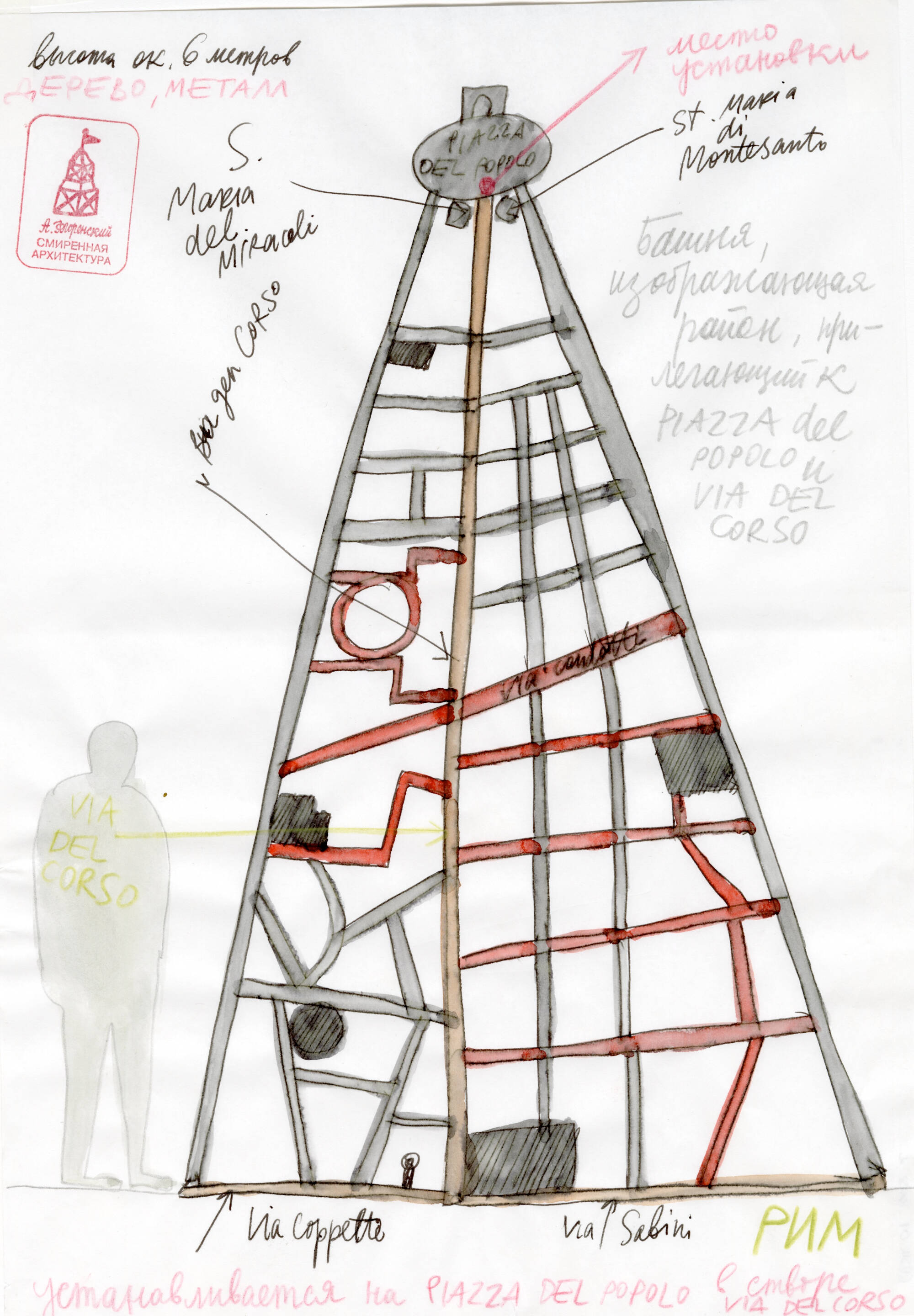 Watercolor on paper of a schematic for a potential art installation, words are in Russian.